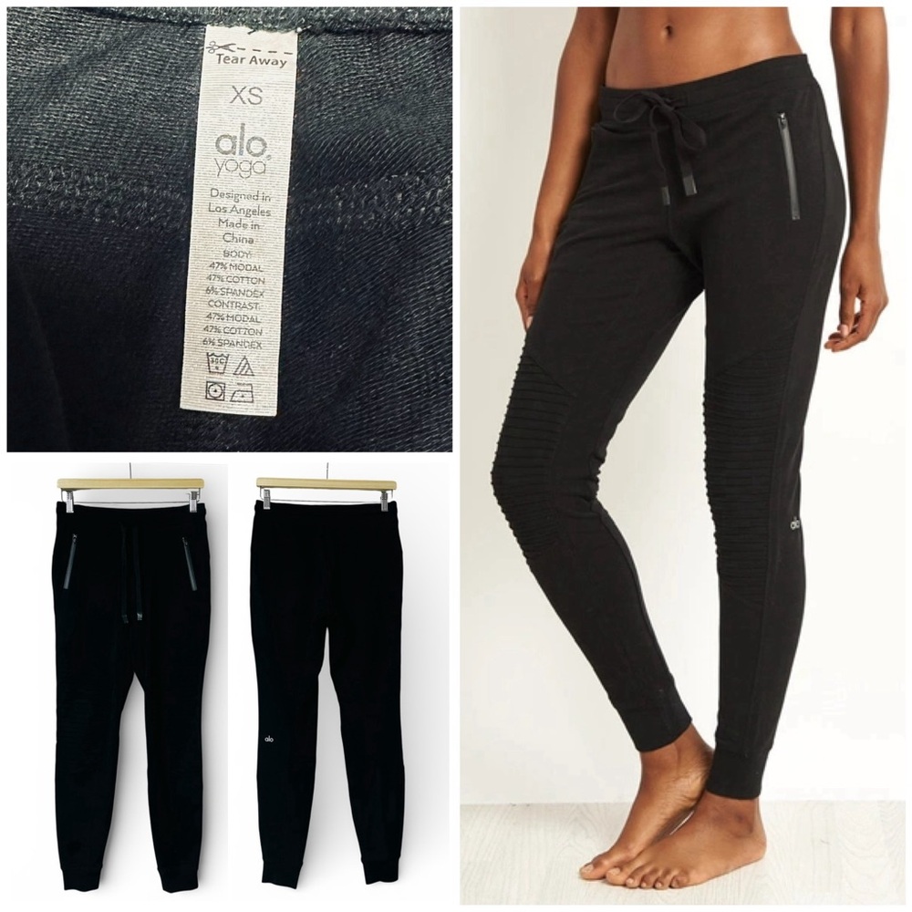 Alo Urban Moto Sweatpants Textured Knee Panels Zip Pockets Waistband Black
